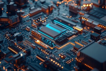 Obraz premium Close-Up View of a Modern Circuit Board with Illuminated Components and Intricate Patterns Showcasing Advanced Technology and Digital Innovation in Electronics