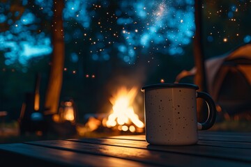 Campfire gathering with warm drink forest nighttime cozy atmosphere relaxation and nature vibes