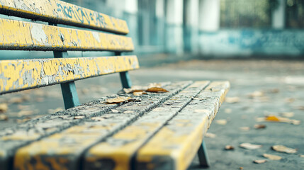 Close-up of a weathered yellow bench holding fallen leaves in a deserted park, evoking a sense of melancholy and the passage of time
