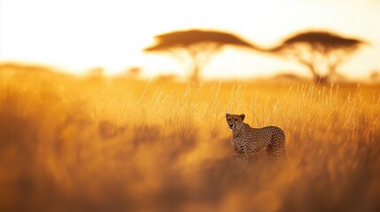 Fototapeta premium Cheetah in the Blurred Savanna Landscape