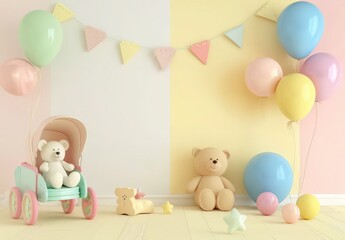 Obraz premium A white frame mockup with teddy bears and a baby stroller in a colorful nursery setting