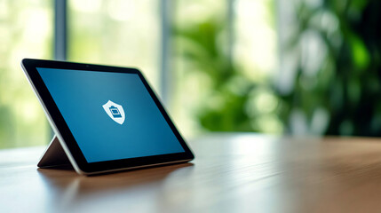 Tablet computer displaying security shield icon for data protection on a wooden table with a blurred green background