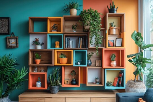diy modular shelving, explore a vibrant and stylish diy modular shelf in a colorful eclectic living area, perfect for adding a personal touch