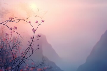 Fototapeta premium Beautiful misty mountain landscape with blossoming branches at sunset in soft pastel colors