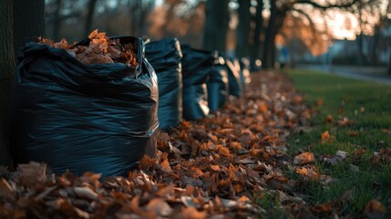 Black plastic bags filled with dry fallen leaves lined along a grassy verge near urban pathways during a tranquil evening light.