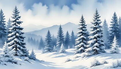 Fototapeta premium Snow-covered pine trees in winter landscape with pale blue sky in soft watercolor style