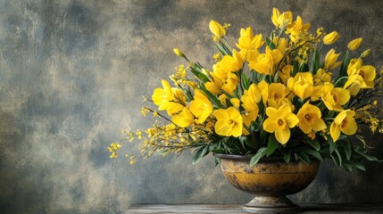 Vibrant yellow floral arrangement in an elegant bowl set against a soft textured backdrop, capturing the spirit of spring and summer with room for personalization.
