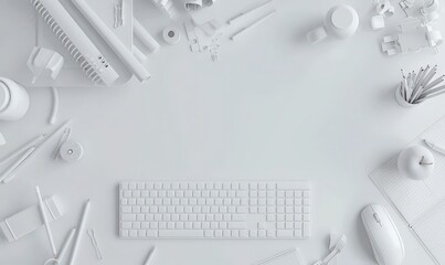 White office desk with a keyboard. mouse. apple. phone. notepad. pens. pencils. and other office supplies
