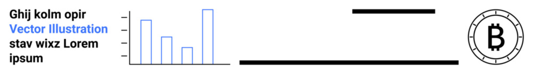Bar chart with five columns, placeholder text on the side, and Bitcoin symbol within a circular border. Ideal for finance, cryptocurrency, blockchain, investment analysis, data visualization