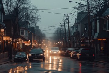 Obraz premium Foggy Evening Streetscape with Dim Lights and Vintage Cars, Capturing the Serene Atmosphere of a Small Town in Cool, Misty Weather Conditions