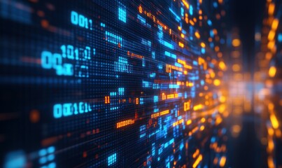 Obraz premium Blurry digital binary code in red and blue tones, symbolizing programming, data processing, and futuristic technology