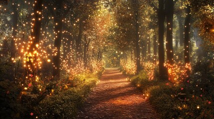 Illuminated forest path adorned with twinkling lights and trees, creating a magical and festive ambiance for the holiday season.