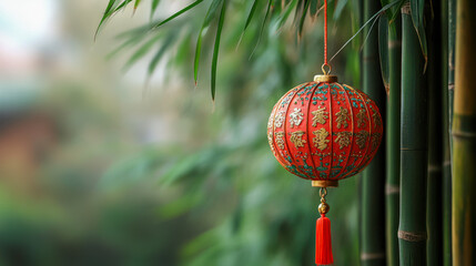 Traditional red chinese lantern hanging among bamboo on a bright day