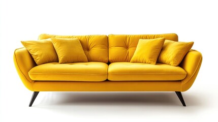 Fototapeta premium Vibrant yellow sofa with plush pillows against a clean white backdrop, showcasing a contemporary living room style with modern elegance.