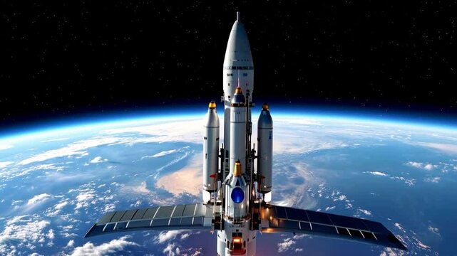 Space rocket take off from Earth. Spacecraft in sky. Mission on Moon of spacecraft. Spaceship take off. Space program.