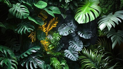Fototapeta premium Lush tropical foliage featuring varied shades of green, creating a dramatic backdrop perfect for enhancing outdoor spaces with a captivating natural aesthetic.