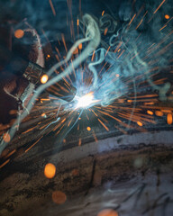 worker welding with sparks in the factory