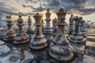 Chess piece standing on checkered game board during game of chess