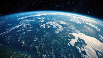 Obraz premium Stunning view of Earth from space showcasing vibrant blue oceans and lush green landmasses under a bright atmosphere, symbolizing environmental preservation.