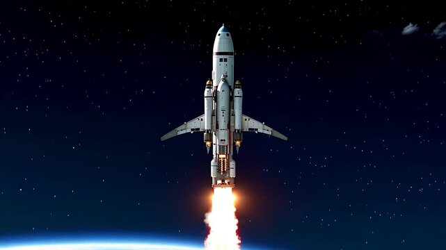 Space rocket take off from Earth. Spacecraft in sky. Mission on Moon of spacecraft. Spaceship take off. Space program.