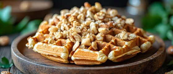 Obraz premium A delicious waffle topped with crushed nuts, served on a wooden plate.