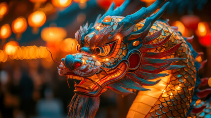 Vibrant chinese dragon statue with glowing lanterns at nighttime festival celebration