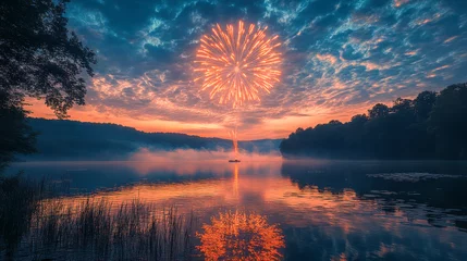 Selbstklebende Fototapeten Vibrant fireworks illuminate evening sky above tranquil lake and forest © Tomass
