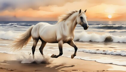 Naklejka premium White-maned horse trotting along sandy beach at sunset with crashing waves in watercolor painting