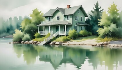 Obraz premium House by the water surrounded by serene landscape painted in soft watercolor tones