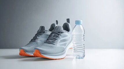 Running gear essentials sneakers and hydration indoor setting product photography minimalist style fitness lifestyle