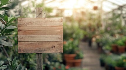 Fototapeta premium Empty wooden signs in a blurred greenhouse setting, surrounded by plants and sunlight, offering ample copy space for text.