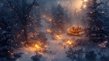 Obraz premium A magical forest scene featuring a trail lit by glowing lanterns, snow-covered trees, and a sleigh filled with presents ready for delivery