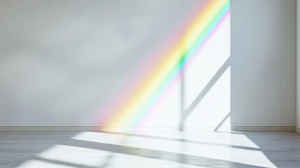 Organic diagonal shadow and soft rays of light creating a rainbow effect on a white wall, ideal for photo overlays and mockups.