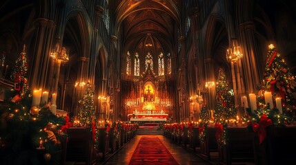 Fototapeta premium A grand cathedral decorated for Christmas, with glowing candles, a beautifully adorned altar, and a congregation singing hymns