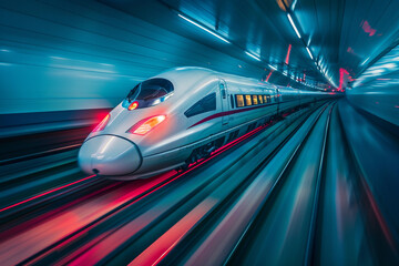 Fototapeta premium Modern high-speed train in fast motion passes through railway stations