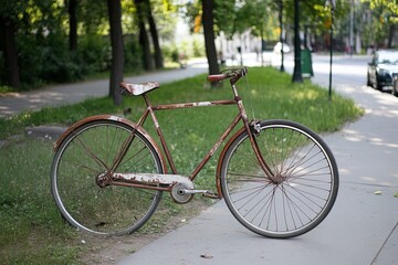 Fototapeta premium Rusty bicycle parked on a sidewalk in a green park area during the afternoon
