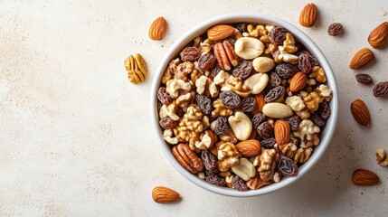 White bowl filled with a mix of almonds, walnuts, pecans, and raisins on a light beige background.