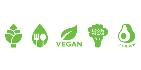 Set of green vegan and eco-friendly icons including avocado, broccoli, leaf, and cutlery.