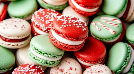 Fototapeta premium Colorful macarons in festive red and green, adorned with candy stripes and sprinkles, perfect for holiday celebrations.