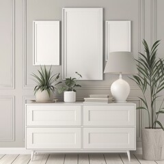 Two blank picture frames on a white dresser with two potted plants. a lamp. and a minimalist beige wall