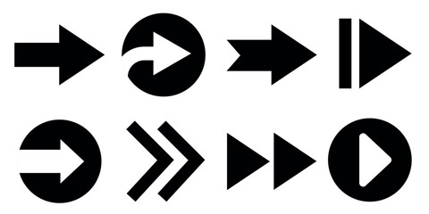 Set of black arrow symbols in geometric styles including circles and triangles.