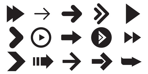 Set of black directional arrows in various geometric shapes. Isolated on white background.