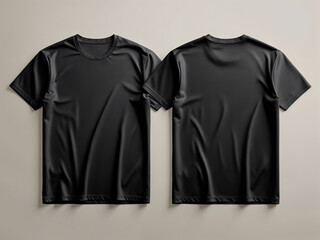 A high-quality 3D mockup of a plain black T-shirt, displayed in both front and back views with no model. The T-shirt has a smooth, realistic fabric texture, short sleeves, AI generative  