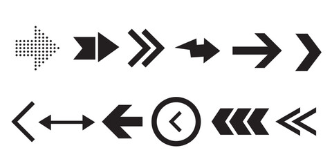 Set of black arrows in various styles including geometric, dotted, and curved.