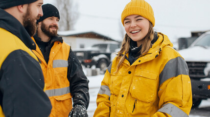 Happy technicians in yellow jackets enjoy teamwork in a snowy environment.