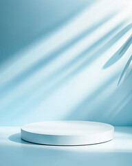 Abstract white 3D room with realistic white cylinder pedestal podium set and palm leaf shadow overlay. Minimal scene for product display presentation. Stage for showcase.