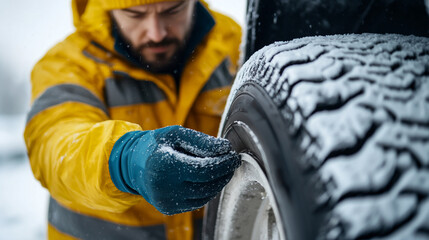 Man checks tire pressure in snowy conditions, ensuring vehicle safety and performance.