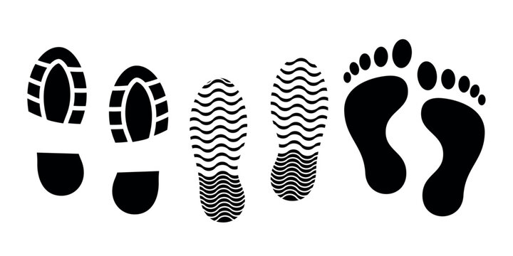 Set of black shoeprints and barefoot imprints in various patterns.