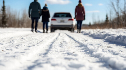 Friends get off from a car and take a walk on snowy road in winter scenery, enjoying nature's beauty.