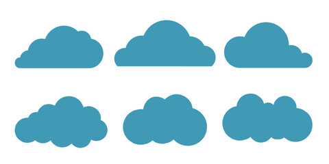 Set of blue cloud icons in various shapes. Flat style design isolated on white background.